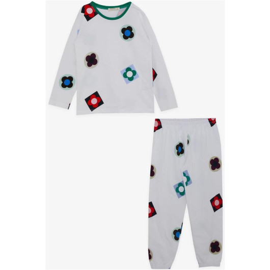 Girl's Pajama Set White With Colorful Flower Pattern (Age 5-9)