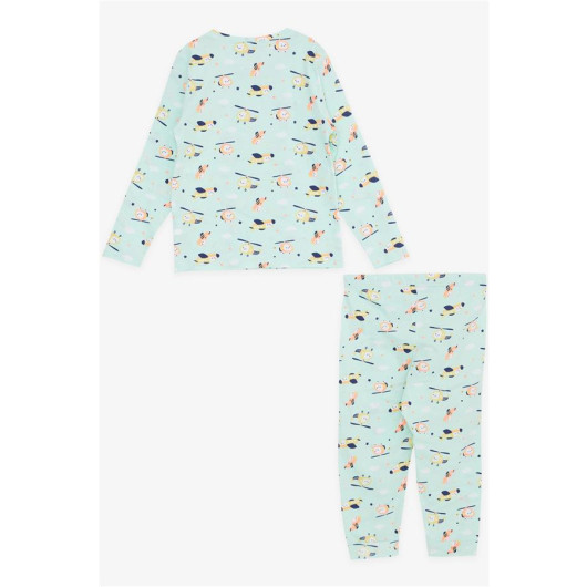 Girl's Pajamas Set Colorful Helicopter Pattern Water Green (1.5-5 Years)