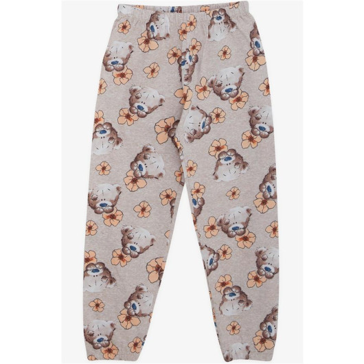 Girl's Pajamas Set Cute Teddy Bear Pattern Beige Melange (4-8 Years)