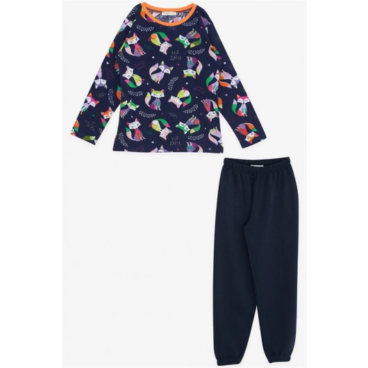 Girl's Pajamas Set Cute Colorful Fox Patterned Navy (4-8 Years)