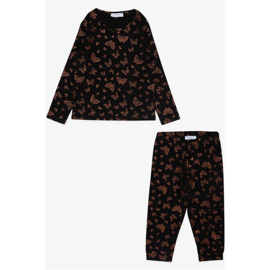 Girl's Pajama Set Black With Glitter Butterfly Pattern (Age 3-7)