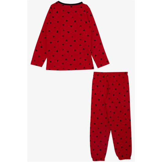 Girl's Pajama Set Red With Black Heart Pattern (Age 4-8)