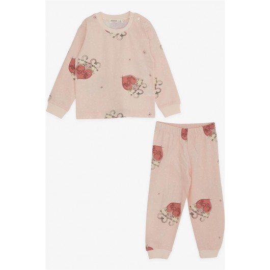 Girl's Pajamas Set, Patterned Shoulder Buttons, Pink (1.5-5 Years)