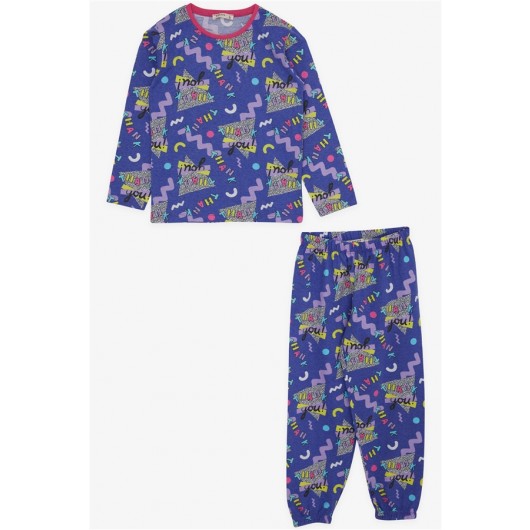 Girl's Pajamas Set Text Pattern Purple (4-8 Years)