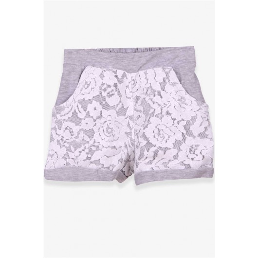Girl's Shorts With Elastic Waist Lace Floral Decor Gray (6-10 Years)