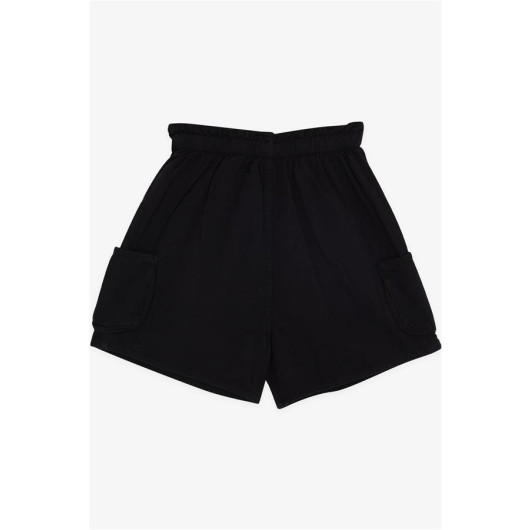 Girl's Shorts With Button Button Pocket Elastic Waist Black (10-14 Years)