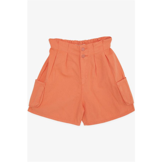 Girl's Shorts Salmon With Buttons, Pockets, Elastic Waist (10-14 Years)