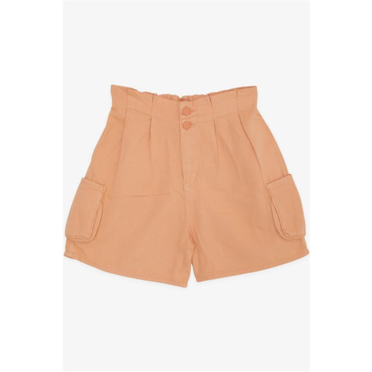 Girl's Shorts Salmon With Buttons, Pockets, Elastic Waist (10-14 Years)