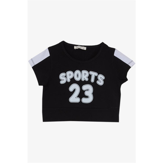 Girl's Crop Set With Shorts, Text Printed Black (Age 6-12)