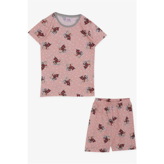 Girl's Shorts Pajama Set Love Themed Cute Kittens Patterned Salmon (Ages 4-8)