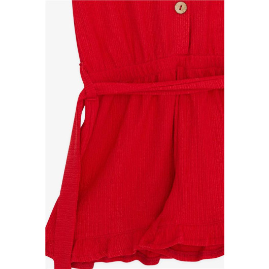 Girl's Shorts Jumpsuit Buttoned Waist Belted Red (4-9 Years)