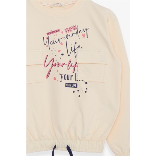 Girl's Sweatshirt With Pocket Text Printed Cream (8-14 Years)