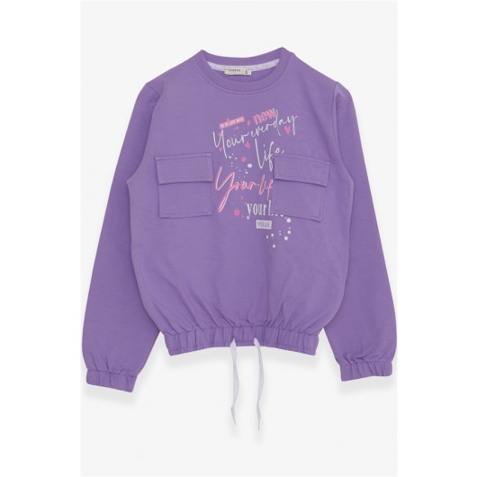 Girl's Sweatshirt With Pocket Text Printed Lilac (8-14 Years)