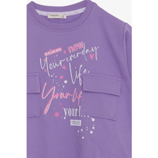 Girl's Sweatshirt With Pocket Text Printed Lilac (8-14 Years)