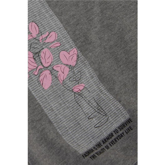 Girl's Sweatshirt Floral Printed Dark Gray Melange (6-12 Years)