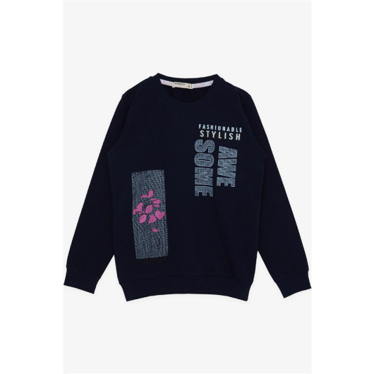 Girl's Sweatshirt With Floral Print, Navy (6-12 Years)