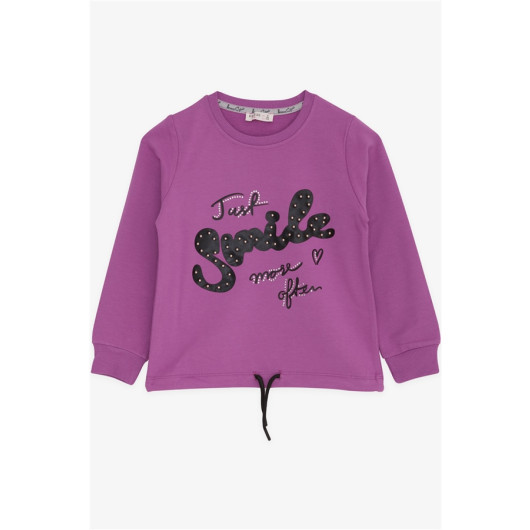 Girl's Sweatshirt With Pearls Stones And Tie Waist Purple (6-12 Ages)