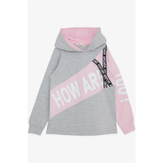 Girl's Sweatshirt Hooded With Accessories Text Printed Light Gray Melange (Ages 8-12)