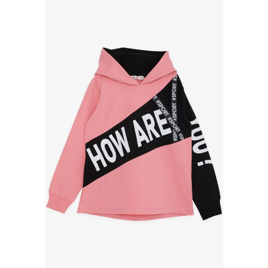 Girl's Sweatshirt Hooded With Accessories Text Printed Pink (Ages 8-12)
