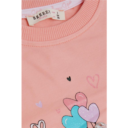 Girl's Sweatshirt Glitter Text Printed Salmon With Sequined Teddy Bear Accessory (Age 1.5-5)