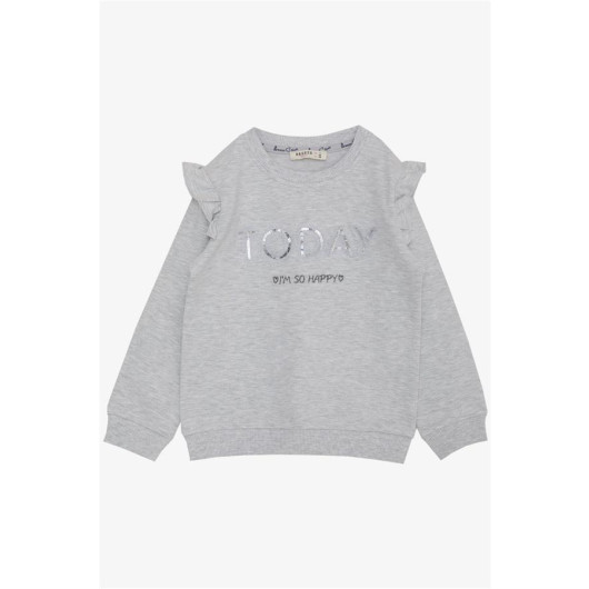 Girl's Sweatshirt Sequined Glitter Text Printed Light Gray Melange (Age 3-8)