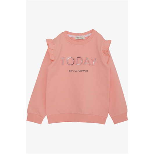 Girl's Sweatshirt Sequined Glitter Text Printed Salmon (Age 3-8)