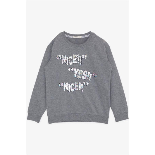 Girl's Sweatshirt Sequin Text Printed Dark Gray Melange (8-14 Years)