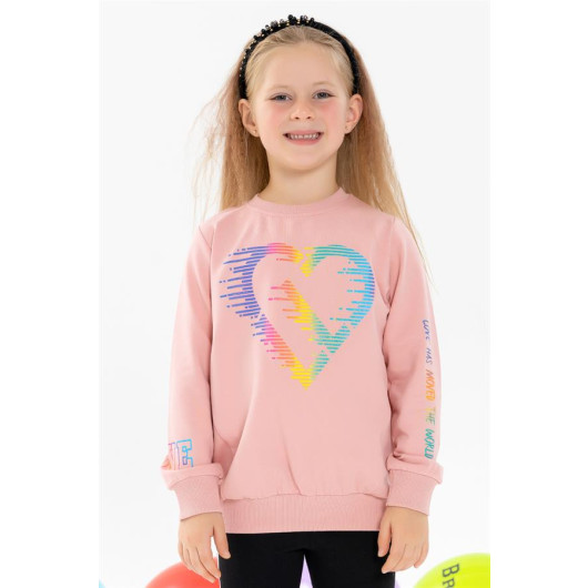 Girl's Sweatshirt Colorful Silvery Heart Printed Salmon (6-12 Years)