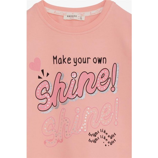 Girl's Sweatshirt Glittery Sequin Text Printed Salmon (8-12 Years)