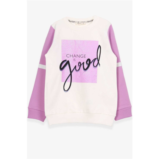 Girl's Sweatshirt Glittery Text Printed Ecru (8-14 Years)