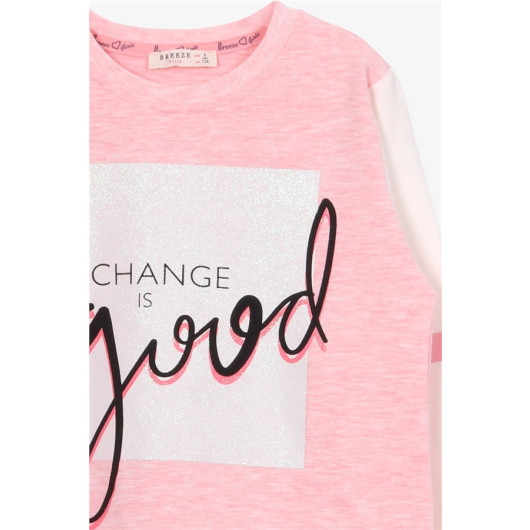 Girls' Light Orange Melange Glitter Text Printed Sweatshirt (8-14Yrs)