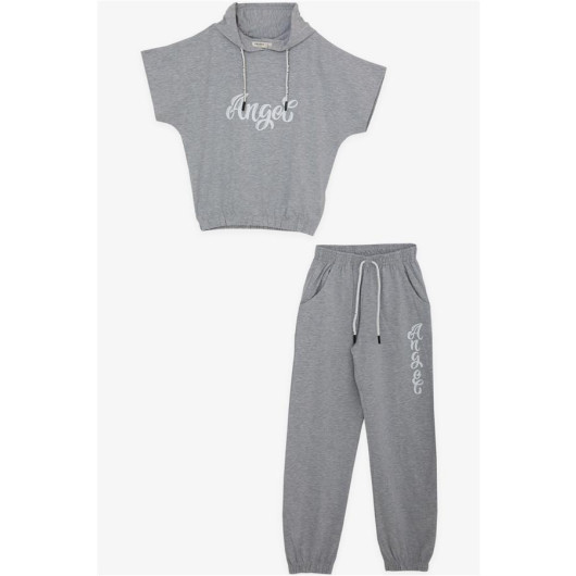 Girl's Suit Text Printed Elastic Light Gray Melange (Ages 9-14)