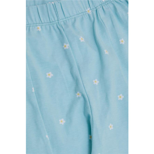 Girl's Tights With Slits, Daisy Patterned Aqua Green (Ages 4-8)