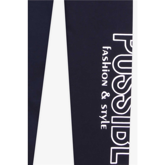 Girl's Tights Letter Printed Navy (8-14 Years)