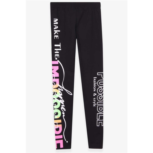 Girl's Tights With Text Print Black (8-14 Years)