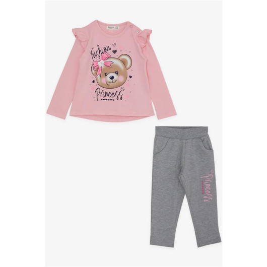 Girl's Tights Set With Bow And Teddy Bear Printed Pink (Age 1.5-5)