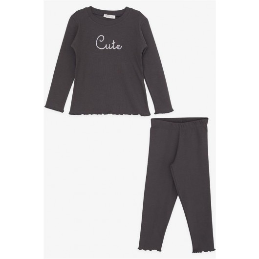 Girl's Tights Set Sequin Text Embroidered Anthracite (1.5-5 Years)