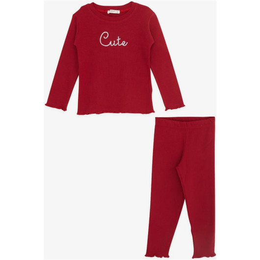 Girl's Tights Suit Sequin Text Embroidered Claret Red (1.5-5 Years)