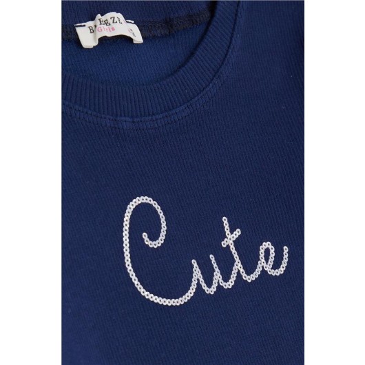 Girl's Tights Suit Sequined Letter Embroidered Navy Blue (1.5-5 Years)
