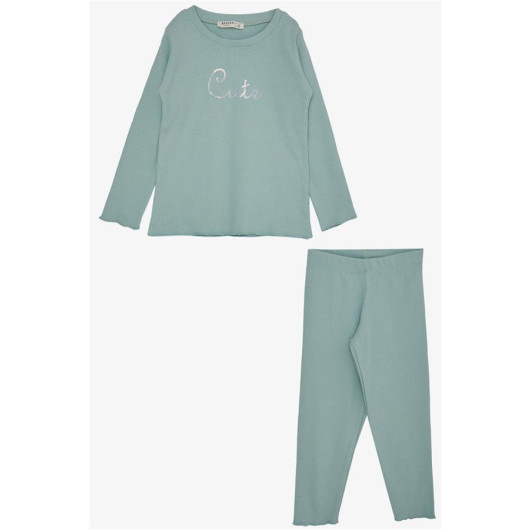 Girl's Tights Set With Sequined Text Embroidery Mint Green (Age 1.5-5)