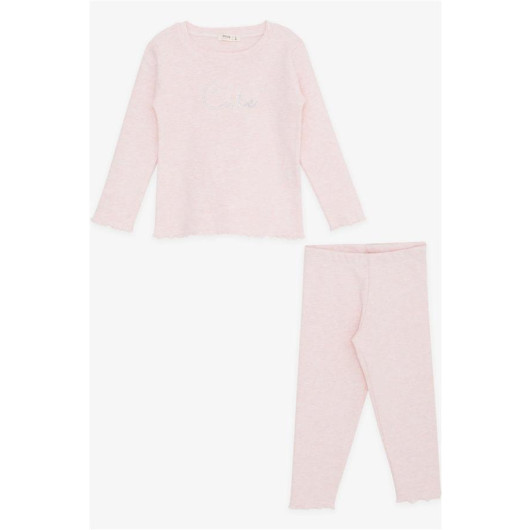 Girl's Tights Suit Sequin Text Embroidered Pink Melange (1.5-5 Years)