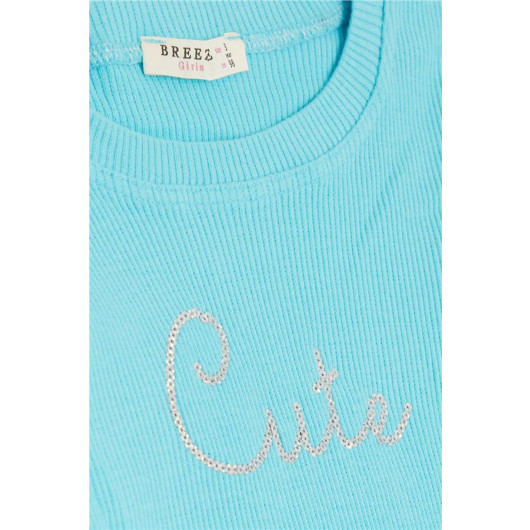 Girl's Tights Suit Sequin Text Embroidered Turquoise (1.5-5 Years)
