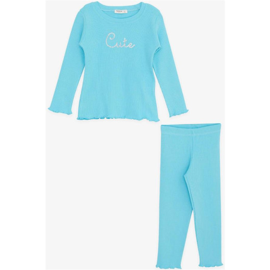 Girl's Tights Suit Sequin Text Embroidered Turquoise (1.5-5 Years)