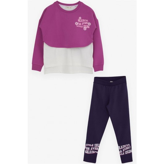 Girl's Tights Set Lettering Floral Printed Lilac (8-12 Years)
