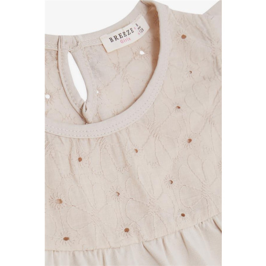 Girl's T-Shirt Beige With Flower Embroidery (4-8 Years)