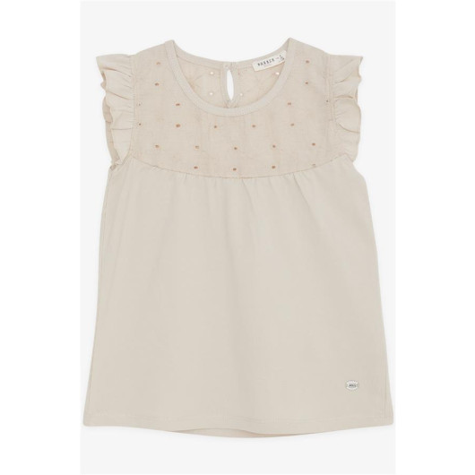 Girl's T-Shirt Beige With Flower Embroidery (4-8 Years)