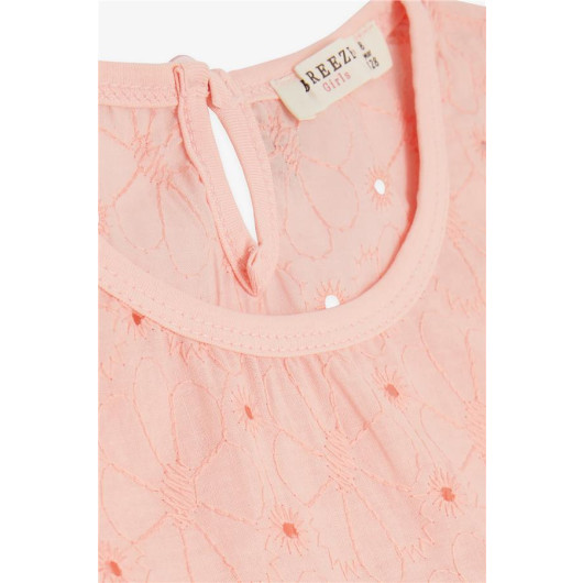 Girl's T-Shirt Floral Embroidered Salmon (4-8 Years)