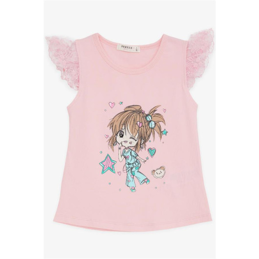 Girl's T-Shirt Crazy Girl Printed Sleeves Embroidery Guipure Pink (1.5-5 Years)