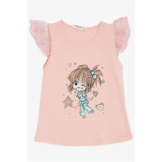 Girl's T-Shirt Crazy Girl Printed Sleeves Embroidery Guipure Salmon (1.5-5 Years)