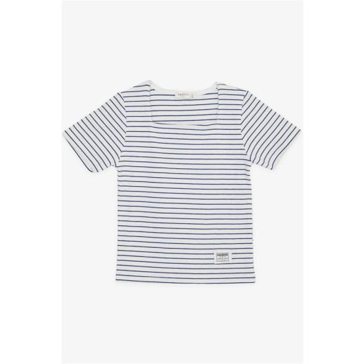 Girl's T-Shirt Striped Square Collar Clasp White (9-14 Years)